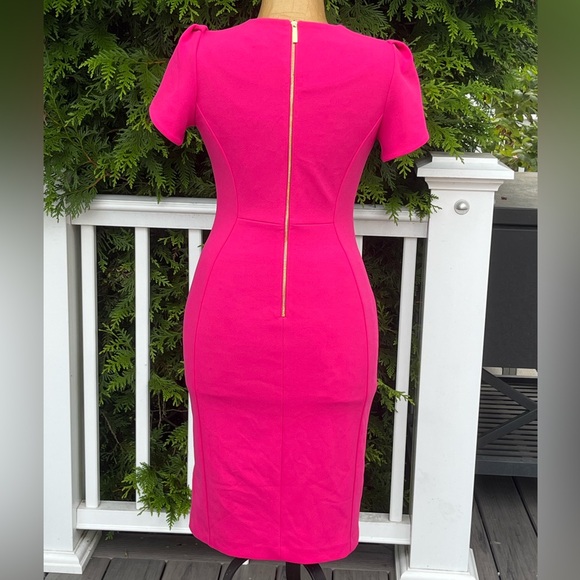 Calvin Klein; Fuchsia Midi Dress; Puff Sleeves; Gold Tone Zipper; NWOT; Size 4 - Picture 2 of 8